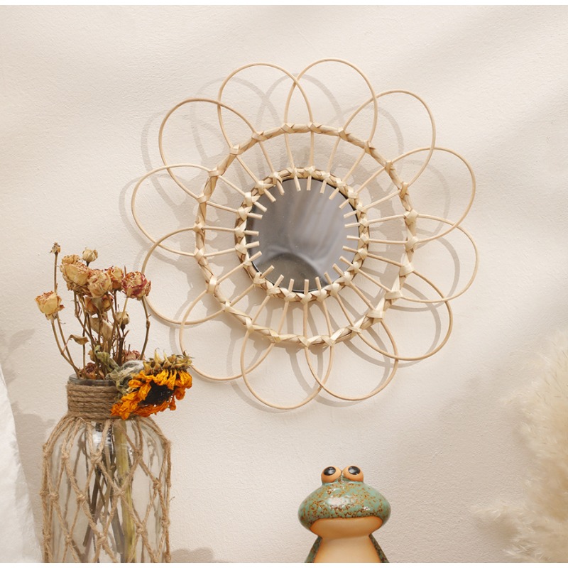 Rattan Mirror Round - Подвесное зеркало из ротанга с подсолнухом,